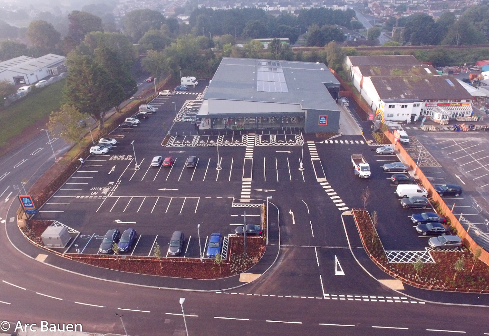 A bird's eye view of the latest completed new build Aldi store Plympton - The Grand Opening today 13.08.20