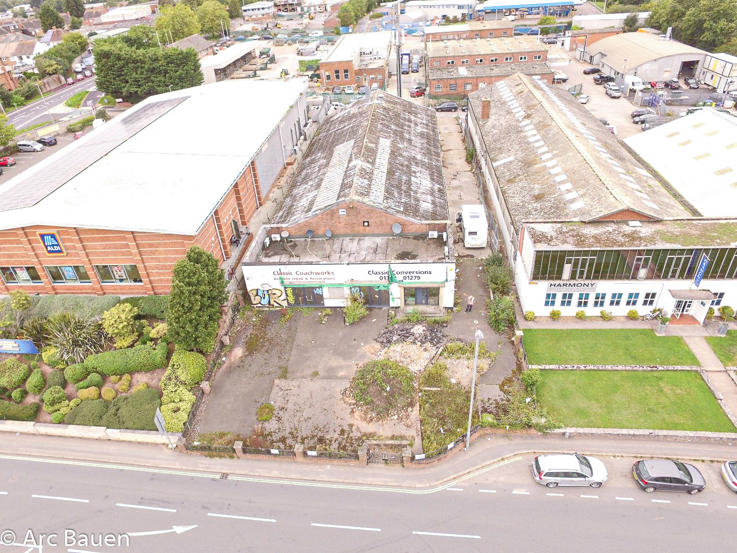 Exhibition Way, Exeter Aldi. Handover drone shot sequence